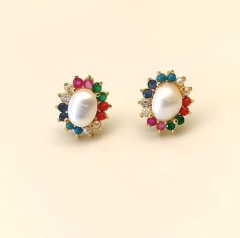Certified natural freshwater pearls jewellery pearl centre stud earrings with multicolour gemstone halo gold-tone. 2