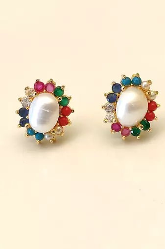 Certified natural freshwater pearls jewellery pearl centre stud earrings with multicolour gemstone halo gold-tone.