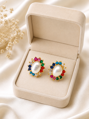 Certified natural freshwater pearls jewellery pearl centre stud earrings with multicolour gemstone halo gold-tone. 3
