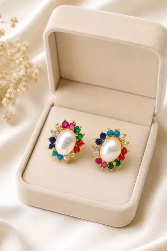 Certified natural freshwater pearls jewellery pearl centre stud earrings with multicolour gemstone halo gold-tone.