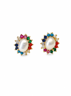 Certified natural freshwater pearls jewellery pearl centre stud earrings with multicolour gemstone halo gold-tone. 4
