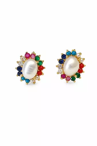 Certified natural freshwater pearls jewellery pearl centre stud earrings with multicolour gemstone halo gold-tone.