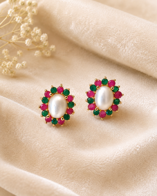 Certified natural freshwater pearls jewellery pearl stud earrings with ruby and emerald stones, gold tone oval pearl. 1
