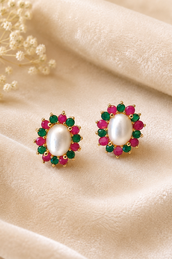 Certified natural freshwater pearls jewellery pearl stud earrings with ruby and emerald stones, gold tone oval pearl.