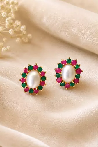 Certified natural freshwater pearls jewellery pearl stud earrings with ruby and emerald stones, gold tone oval pearl.