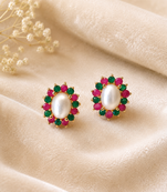 Certified natural freshwater pearls jewellery pearl stud earrings with ruby and emerald stones, gold tone oval pearl.