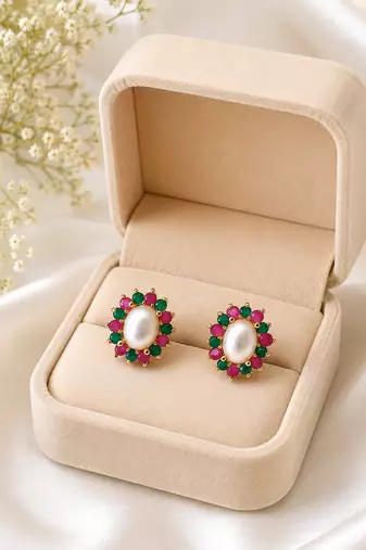 Certified natural freshwater pearls jewellery pearl stud earrings with ruby and emerald stones, gold tone oval pearl.