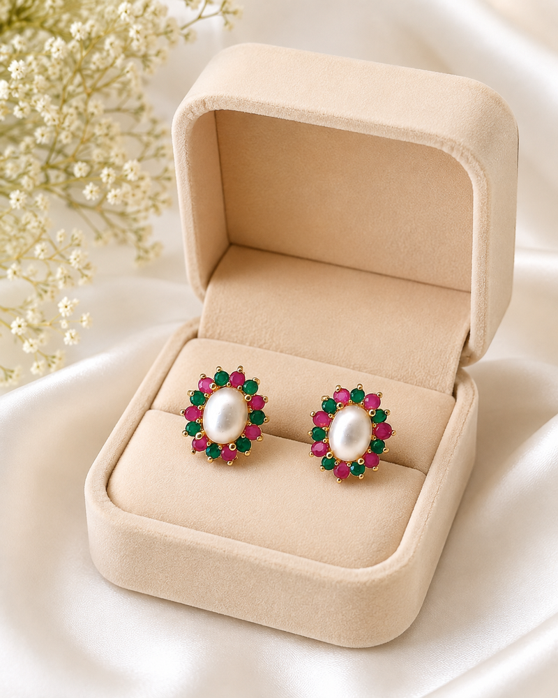 Certified natural freshwater pearls jewellery pearl stud earrings with ruby and emerald stones, gold tone oval pearl.