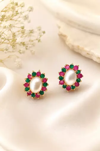 Certified natural freshwater pearls jewellery pearl stud earrings with ruby and emerald stones, gold tone oval pearl.