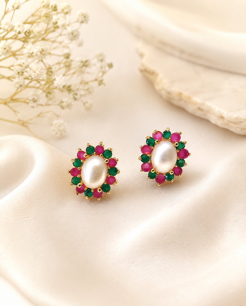 Certified natural freshwater pearls jewellery pearl stud earrings with ruby and emerald stones, gold tone oval pearl.