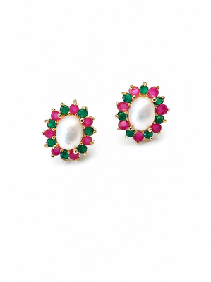 Certified natural freshwater pearls jewellery pearl stud earrings with ruby and emerald stones, gold tone oval pearl. 4
