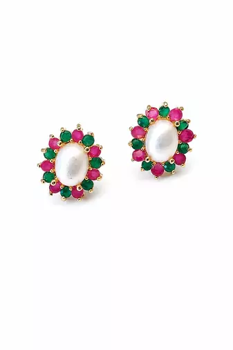 Certified natural freshwater pearls jewellery pearl stud earrings with ruby and emerald stones, gold tone oval pearl.