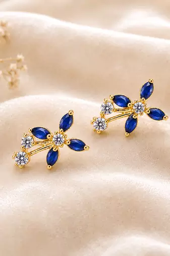 Certified natural freshwater pearls jewellery blue sapphire marquise cz stud earrings, gold-tone floral cubic zirconia.