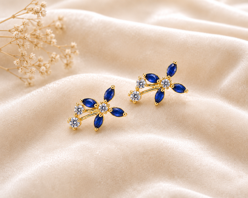 Certified natural freshwater pearls jewellery blue sapphire marquise cz stud earrings, gold-tone floral cubic zirconia.