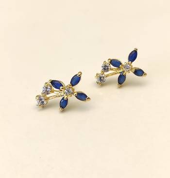 Certified natural freshwater pearls jewellery blue sapphire marquise cz stud earrings, gold-tone floral cubic zirconia. 2