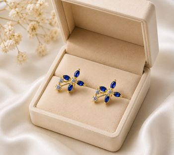 Certified natural freshwater pearls jewellery blue sapphire marquise cz stud earrings, gold-tone floral cubic zirconia. 3