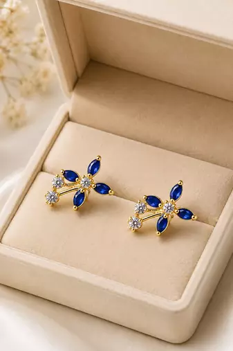 Certified natural freshwater pearls jewellery blue sapphire marquise cz stud earrings, gold-tone floral cubic zirconia.