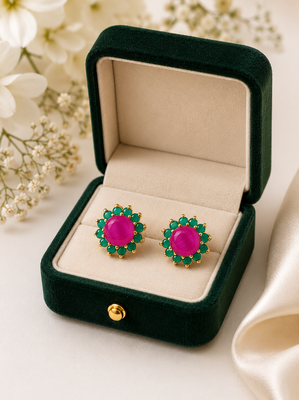 Certified natural freshwater pearls jewellery ruby & emerald floral stud earrings with gold-tone setting flower design. 1