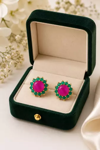 Certified natural freshwater pearls jewellery ruby & emerald floral stud earrings with gold-tone setting flower design.