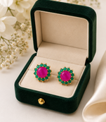 Certified natural freshwater pearls jewellery ruby & emerald floral stud earrings with gold-tone setting flower design.