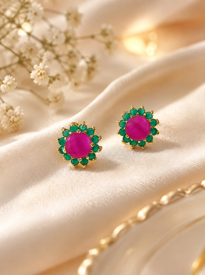 Certified natural freshwater pearls jewellery ruby & emerald floral stud earrings with gold-tone setting flower design. 2