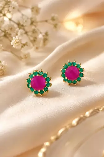 Certified natural freshwater pearls jewellery ruby & emerald floral stud earrings with gold-tone setting flower design.