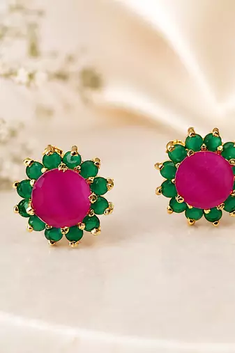 Certified natural freshwater pearls jewellery ruby & emerald floral stud earrings with gold-tone setting flower design.