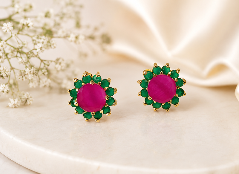 Certified natural freshwater pearls jewellery ruby & emerald floral stud earrings with gold-tone setting flower design.