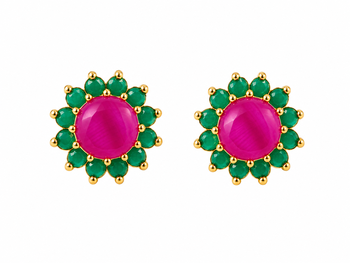 Certified natural freshwater pearls jewellery ruby & emerald floral stud earrings with gold-tone setting flower design. 4