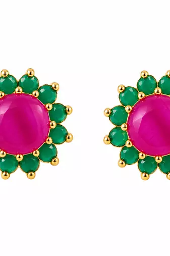 Certified natural freshwater pearls jewellery ruby & emerald floral stud earrings with gold-tone setting flower design.