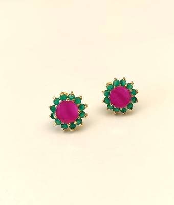 Certified natural freshwater pearls jewellery ruby & emerald floral stud earrings with gold-tone setting flower design. 5
