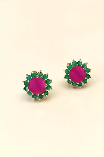 Certified natural freshwater pearls jewellery ruby & emerald floral stud earrings with gold-tone setting flower design.
