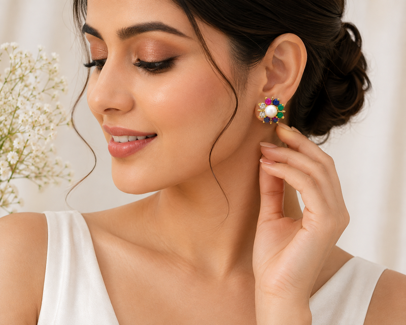 Certified natural freshwater pearls jewellery pearl centre multicolour gemstone floral stud earrings ruby, emerald.