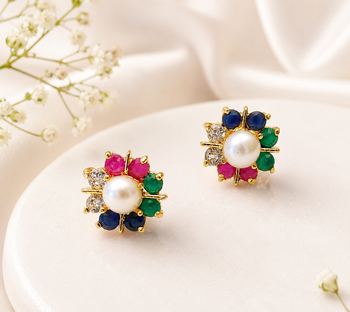 Certified natural freshwater pearls jewellery pearl centre multicolour gemstone floral stud earrings ruby, emerald. 2
