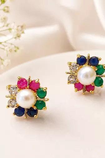 Certified natural freshwater pearls jewellery pearl centre multicolour gemstone floral stud earrings ruby, emerald.