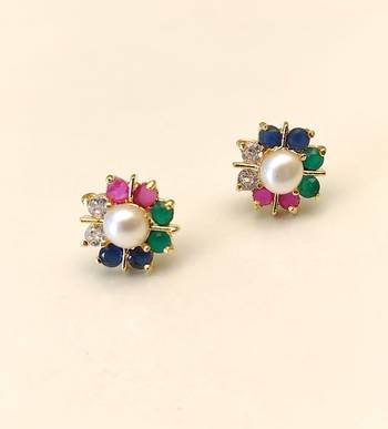 Certified natural freshwater pearls jewellery pearl centre multicolour gemstone floral stud earrings ruby, emerald. 3
