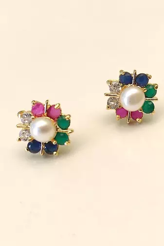 Certified natural freshwater pearls jewellery pearl centre multicolour gemstone floral stud earrings ruby, emerald.