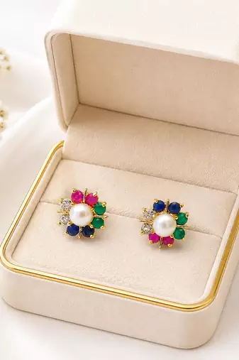 Certified natural freshwater pearls jewellery pearl centre multicolour gemstone floral stud earrings ruby, emerald.