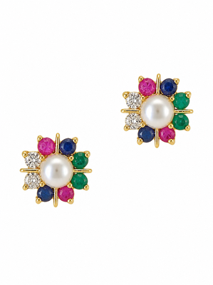 Certified natural freshwater pearls jewellery pearl centre multicolour gemstone floral stud earrings ruby, emerald. 5