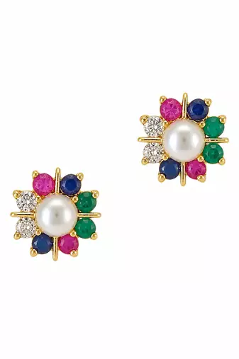 Certified natural freshwater pearls jewellery pearl centre multicolour gemstone floral stud earrings ruby, emerald.