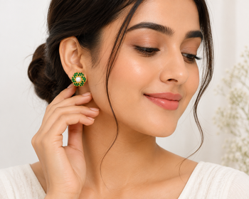 Certified natural freshwater pearls jewellery pearl centre flower stud earrings with green zirconia, gold tone floral. 1