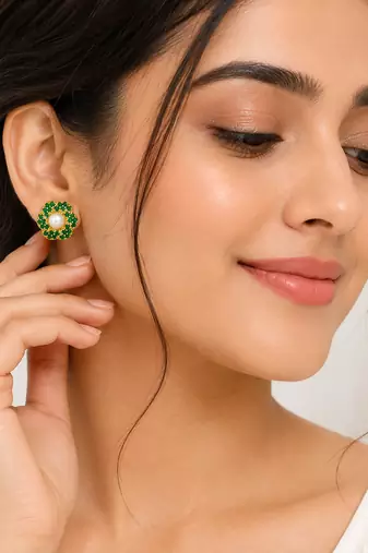 Certified natural freshwater pearls jewellery pearl centre flower stud earrings with green zirconia, gold tone floral.
