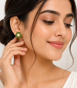 Certified natural freshwater pearls jewellery pearl centre flower stud earrings with green zirconia, gold tone floral.