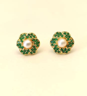 Certified natural freshwater pearls jewellery pearl centre flower stud earrings with green zirconia, gold tone floral. 2