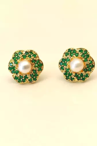 Certified natural freshwater pearls jewellery pearl centre flower stud earrings with green zirconia, gold tone floral.