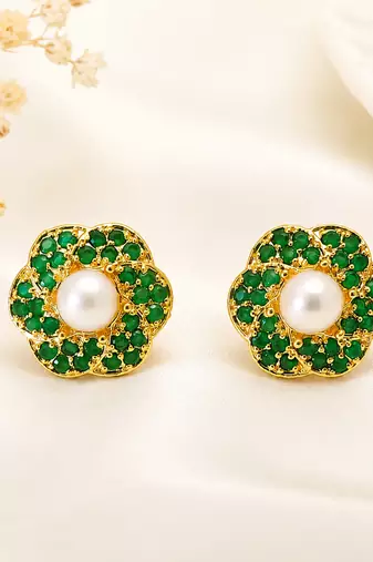 Certified natural freshwater pearls jewellery pearl centre flower stud earrings with green zirconia, gold tone floral.