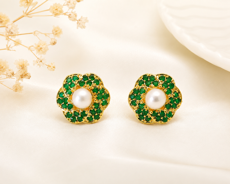 Certified natural freshwater pearls jewellery pearl centre flower stud earrings with green zirconia, gold tone floral.