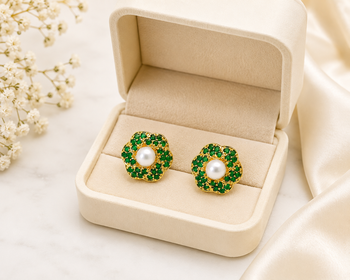 Certified natural freshwater pearls jewellery pearl centre flower stud earrings with green zirconia, gold tone floral. 4
