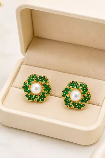 Certified natural freshwater pearls jewellery pearl centre flower stud earrings with green zirconia, gold tone floral.