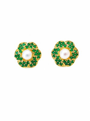 Certified natural freshwater pearls jewellery pearl centre flower stud earrings with green zirconia, gold tone floral. 5